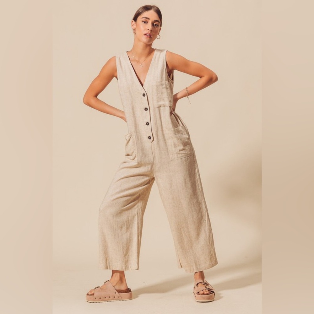 So Me Linen Blend V-Neck Button Down Jumpsuit - Picture 5 of 12